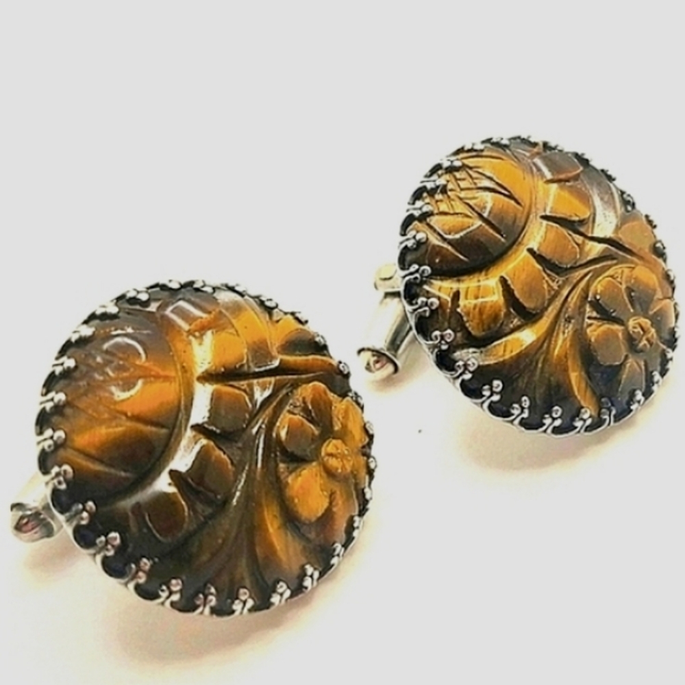 Very Rare Sterling 925 Cufflinks Natural Tiger's Eye Handcrafted